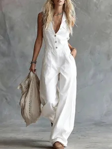 Westerse stijl witte linnen jumpsuit met V-hals, knopen aan de voorkant en wijde pijpen