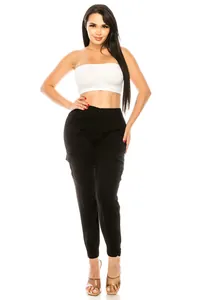 Full body view of black cargo pants for women with multiple pockets and cuffed ankles.