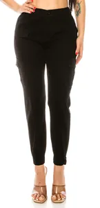 Detail of black women's cargo pants featuring multi-pocket design and jogger cuffs