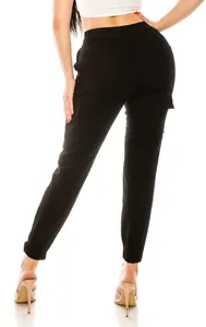 Back view of women's black cargo joggers with elastic waist and multiple pockets