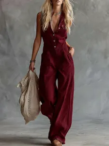 Westerse stijl bordeauxrode linnen jumpsuit met V-hals en knoopsluiting