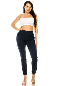 Full body view of women's navy blue cargo pants featuring multi-pocket design and jogger cuffs.