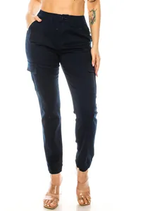 Detail view of navy blue cargo pants with elastic waist and multiple pockets.