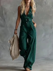 Stijlvolle donkergroene mouwloze linnen jumpsuit met V-hals en knoopsluiting vooraan