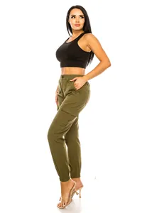Side detail shot of women's olive green cargo pants with elastic cuffs and side pockets.