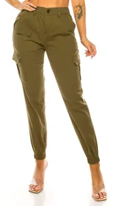 Detailed view of olive green women's cargo pants with multi-pockets and elastic waist