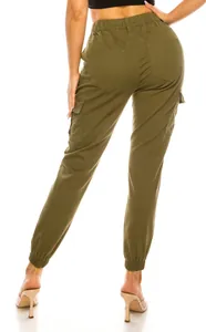 Back view of women's olive green cargo joggers showing multi-pocket design and fit