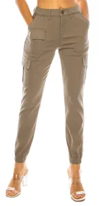Close-up detail of women's khaki cargo pants with multi-pocket and elastic waist