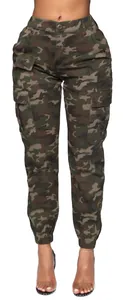 Front view of women's camouflage cargo pants with multi-pocket design and jogger cuffs