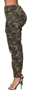 Side view detail of women's camouflage cargo pants with functional multi-pocket design