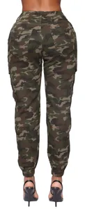 Detailed back view of women's camouflage cargo pants featuring elastic waist and pockets.