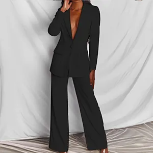 Ensemble tailleur chic noir avec blazer à manches longues et pantalon droit pour femmes