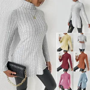 Pull Col Roulé Ajusté pour Femmes Tricot Nervuré Manches Longues Fendu sur le Côté Pull-over Long Vêtement en Tricot Chaud