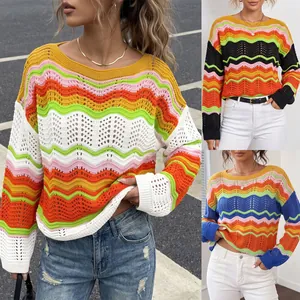 Detailed view of colorful wave pattern striped crochet sweater with stylish hollow-out design