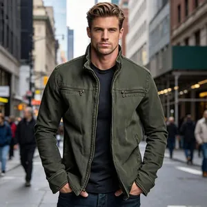Herren Vintage Baumwolle Workwear Jacke Einfarbig Mehrfachtaschen Casual Oberbekleidung Langarm Reißverschluss Revers Mantel