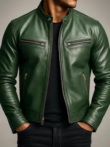 Detailansicht einer dunkelgrünen PU-Leder-Bikerjacke mit hochwertiger Metallreißverschluss