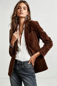 Detail of elegant brown suede jacket featuring front pockets and button closure.