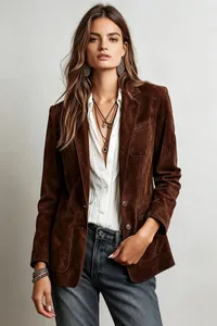 Detailed view of women's elegant brown suede jacket with pockets and buttons