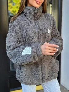 Women's grey Sherpa fleece zip-up jacket for autumn and winter outdoor wear