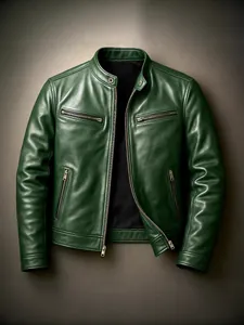 Hochwertige dunkelgrüne Slim Fit Motorradlederjacke für Herren mit Reißverschlussdetails
