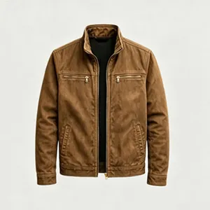 Klassische braune Vintage-Herrenjacke im Workwear-Stil mit Stehkragen und Zippern.