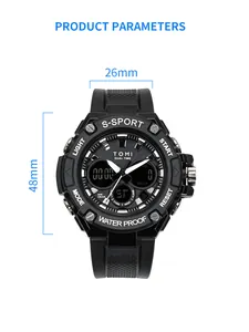 Vue détaillée des dimensions de la montre de sport numérique-analogique étanche noire pour homme