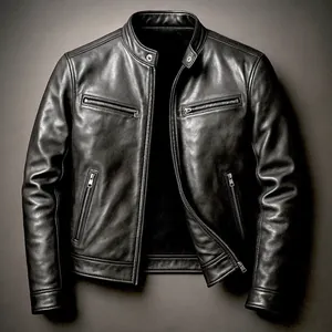 Detailansicht einer schwarzen PU-Leder-Motorradjacke mit Stehkragen und Reißverschlüssen