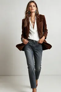 Elegant brown suede jacket with pockets and buttons shown on model for autumn wear
