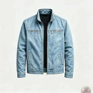 Nahaufnahme einer hellblauen Vintage-Arbeitsjacke für Herren mit Reißverschlusstaschen.