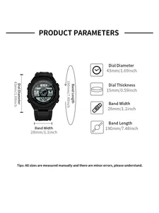 Guide des dimensions pour montre de sport numérique avec mesures du cadran et du bracelet