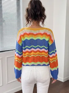 Back view of a colorful rainbow striped crochet knit sweater for women