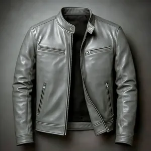 Detail einer grauen Herren PU-Leder Motorradjacke mit Stehkragen und Slim Fit