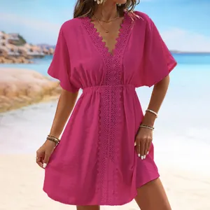 Elegant fuchsia lace trim ice silk beach cover up dress for women bikini swimwear