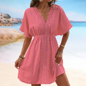 Elegant pink beach dress with delicate lace splicing and V neck bikini cover up