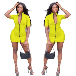 Sexy slim-fit yellow mini dress with front zipper and high collar for casual summer wear