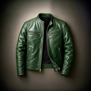 Hochwertige grüne Herren Bikerjacke aus PU-Leder mit Stehkragen im Slim-Fit