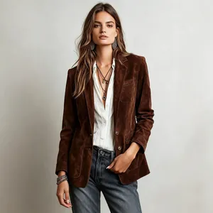 Elegant brown suede jacket for women featuring button closure and four front pockets
