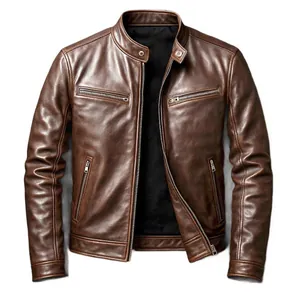 Herren Slim Fit braune PU-Leder Bikerjacke mit Stehkragen und Reißverschlusstaschen