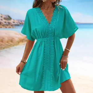 Teal lace-up V-neck beach cover-up dress for summer vacations