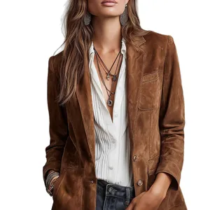 Elegant brown faux suede jacket for women featuring button closure and functional pockets