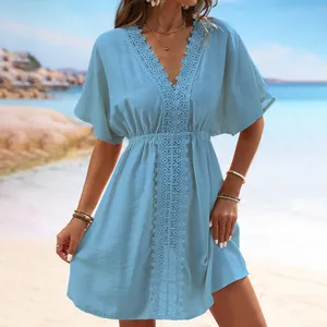 Light blue beach cover-up dress with lace splicing and V-neck design