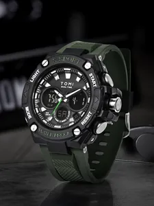Gros plan sur la montre de sport TOMI double affichage vert armée et noir
