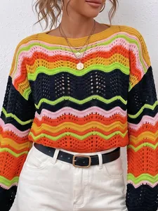 Detail view of colorful wavy rainbow striped crochet knit sweater with hollow out design