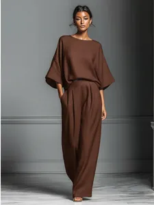 Elegant brown linen two-piece set featuring flare sleeves and loose wide-leg pants