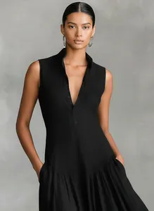Elegant French style black V-neck sleeveless midi dress with button details and collar