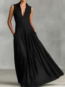 French Style V-Neck Sleeveless Maxi Dress For Women Linen Blend Slim Fit Large Swing Pleated Long Dress For Casual Travel