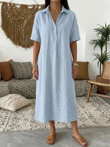 Women's light blue short sleeve straight linen polo collar midi dress for casual summer wear