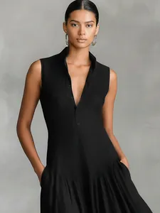 Elegant French style slim fit black sleeveless V-neck maxi dress with button details