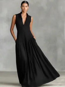 French style classic black V-neck sleeveless maxi dress with a slim fit and pleated skirt