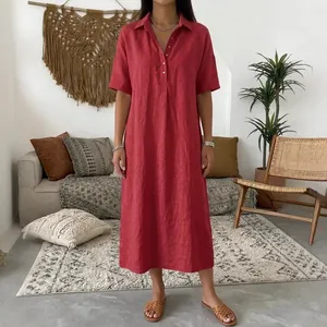 Casual red linen short sleeve midi dress with Polo collar and relaxed straight fit